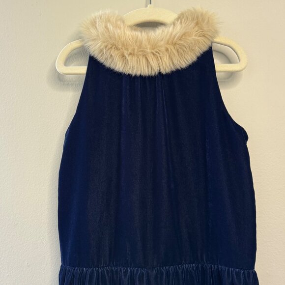 JANIE AND JACK Wide Leg Velvet Jumpsuit Girls 8 Navy Blue Faux Fur Collar Romper - Picture 3 of 8
